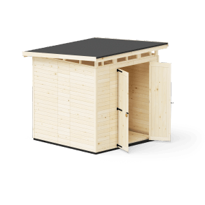 Upyard Gartenhaus Strongbox L, naturbelassenes Holz mit geöffneten Doppeltüren.