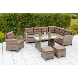 Merxx Salerno Eckbank-Set: Eckbank, Sessel, 2 Hocker, Gartentisch in Natur.