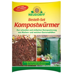 Neudorff Bestell-Set Kompostwürmer: Paket zeigt lebende Würmer in Komposterde und grünen Komposter für Abfall.