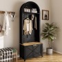 Schwarzes Garderoben Set mit Holzbank, Haken und Schuhschrank für den Eingangsbereich. Modernes Design, 75x35x195cm.