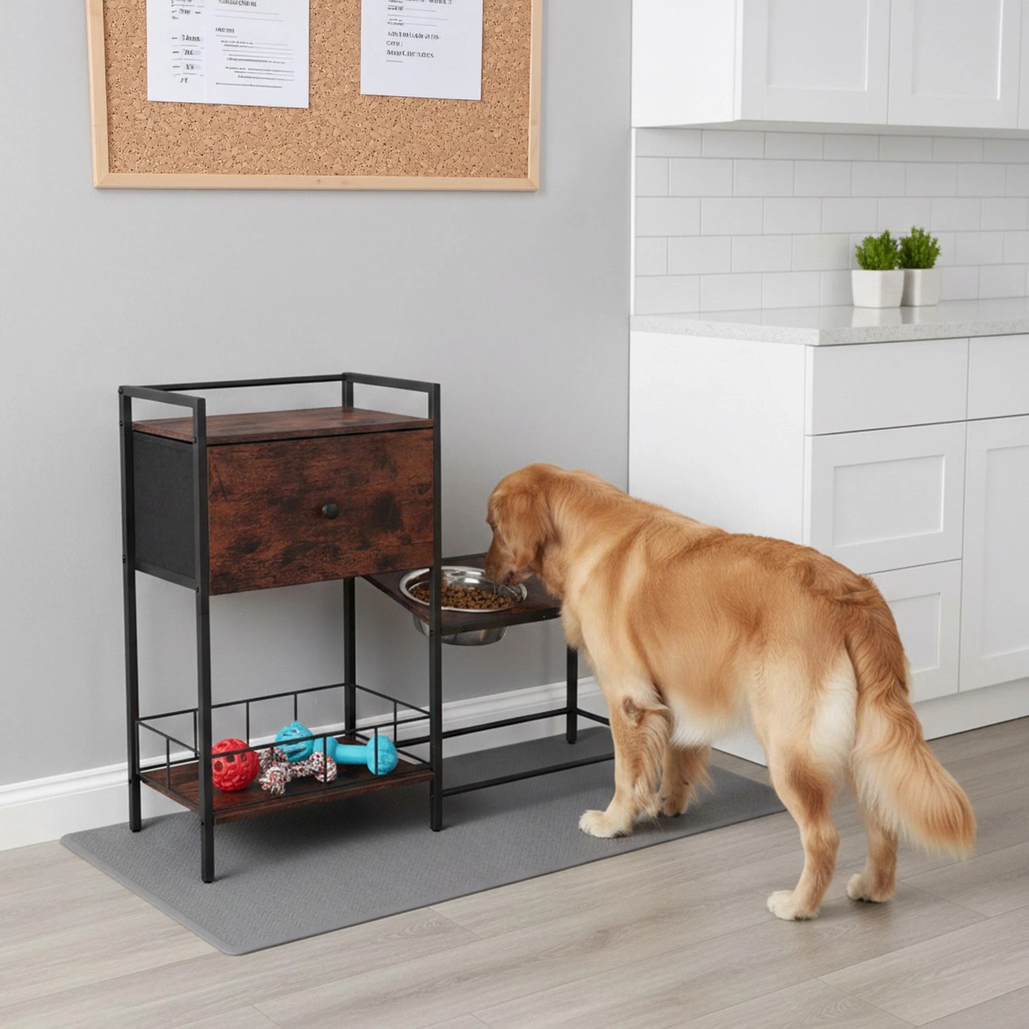 Relaxdays Futterstation Hunde MDF Eisen Edelstahl Schwarz Braun Erhöht Stauraum 76 cm x 90 cm x 27 cm_3