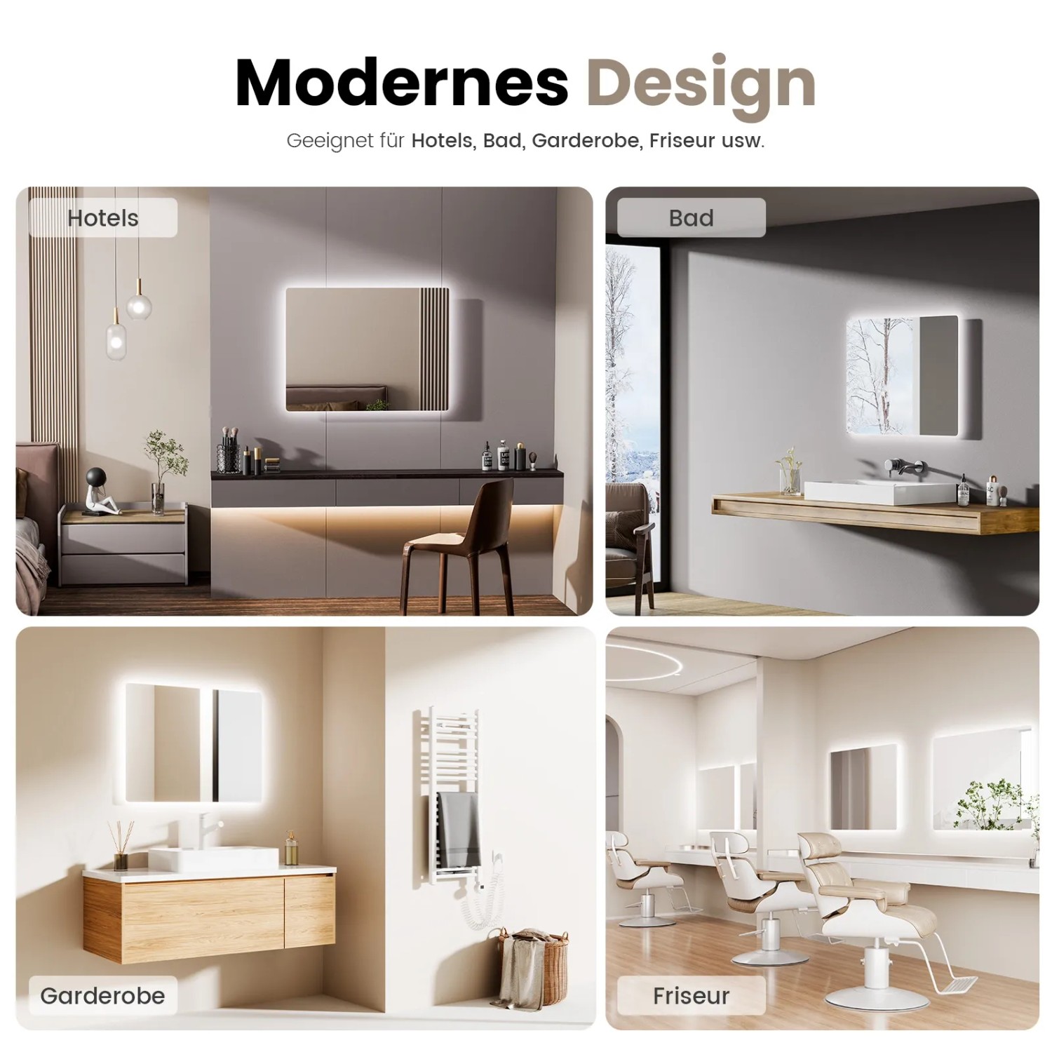 Emke Badspiegel mit LED-Beleuchtung in verschiedenen Anwendungsszenarien.