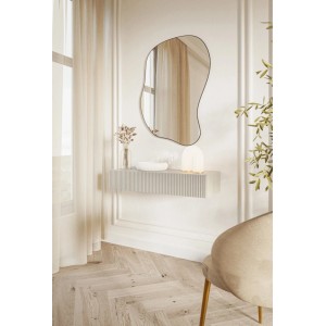 Selsey Veldio Wand-Konsole 90 cm Greige mit Lamellenfront und Schublade, schwebend an weißer Wand.