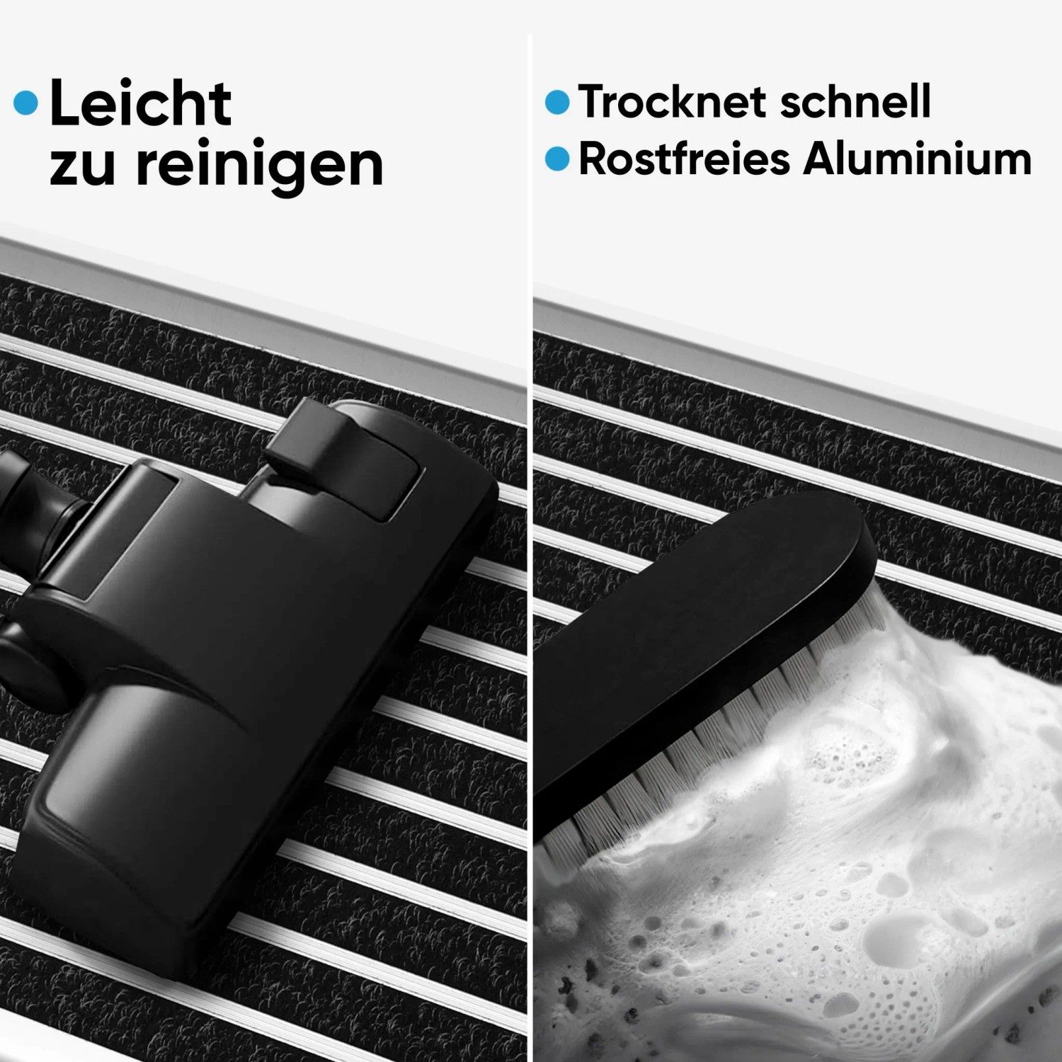 Björn&Schiller Fußmatte mit Aluminiumrand, wird gesaugt und mit Bürste gereinigt. Einfache Pflege, rostfreies Aluminium für Außenbereich.