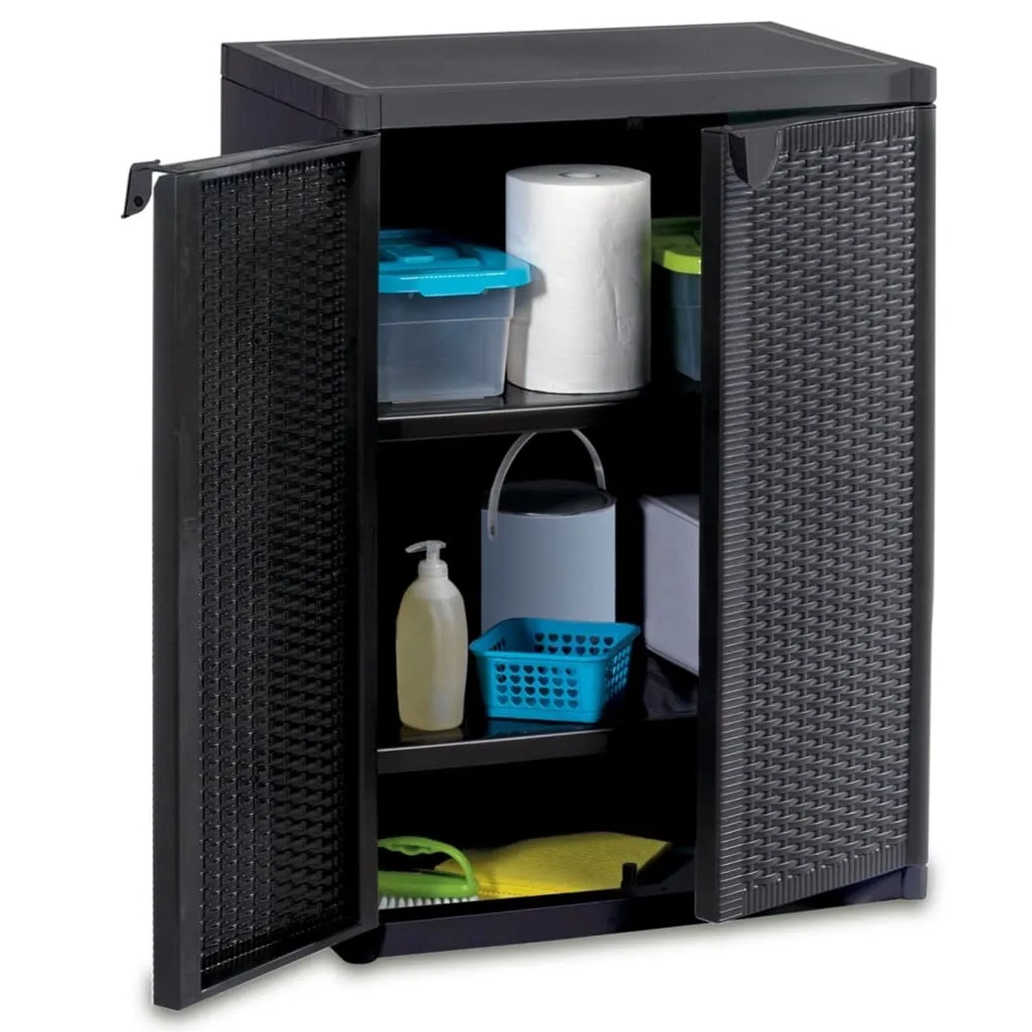 Schwarzer vidaXL Gartenschrank (65x45x88 cm) in Rattan-Optik mit zwei Ablagen, teilgeöffnet.