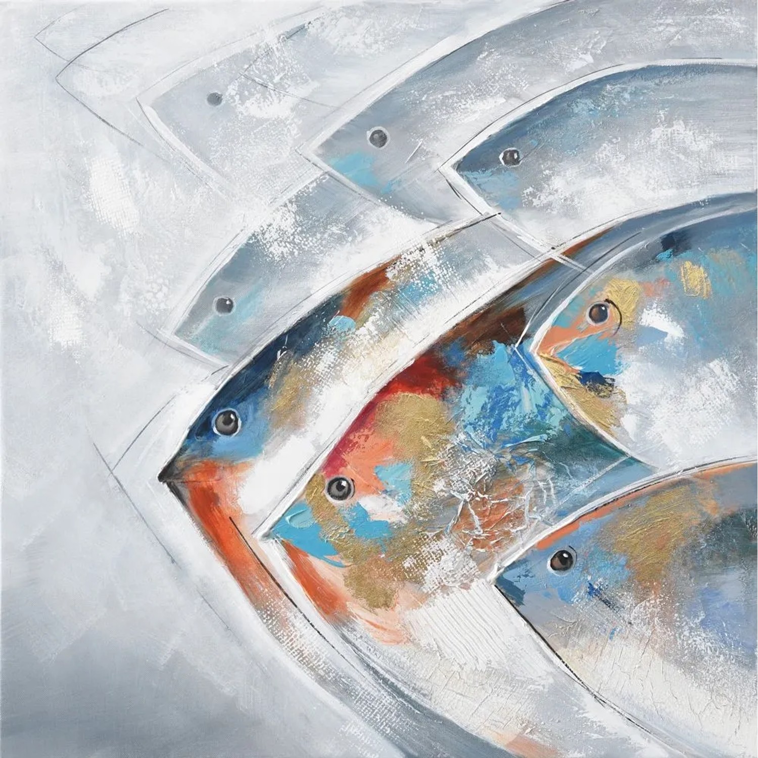 Art Universe Leinwandbild Goldblauer Fischschwarm 70 x 70 cm