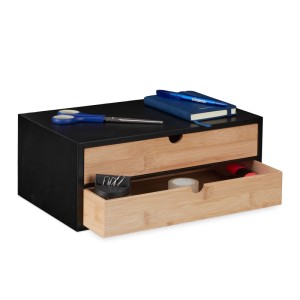 Relaxdays Schubladenbox Bambus MDF Schwarz Natur mit 2 Schubladen 14 cm x 33 cm x 21 cm 2,2 kg