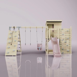 PolarPlay Spielturm Frida mit Babyschaukel, altrosa Rutsche, Kletterwand und Schaukel.