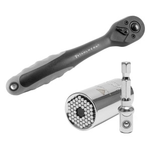 STAHLWERK Umschaltknarre 3/8 Zoll mit Universal-Steckschlüssel und Adapter, Teil eines Werkzeug-Sets.