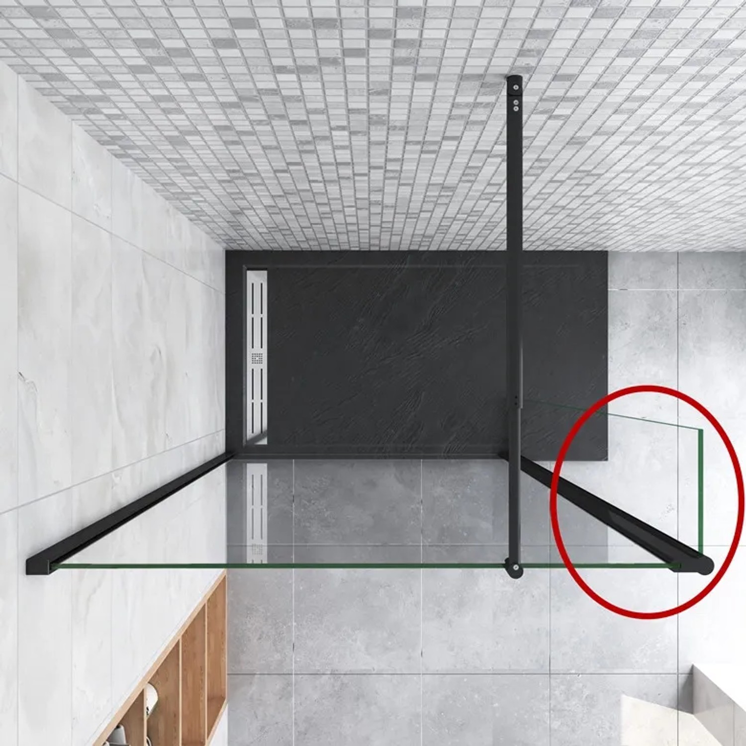 Duschparadies Glas Flipper 30x200cm für Walk-in Dusche, 10mm Glas, Schwarz Wandprofil.