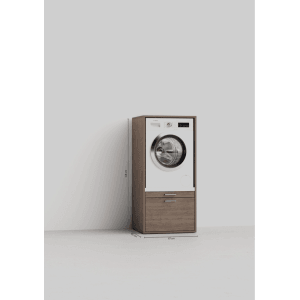 Waschturm in Eiche-Optik mit Waschmaschinenerhöhung und Schublade für Badmöbel-Set.