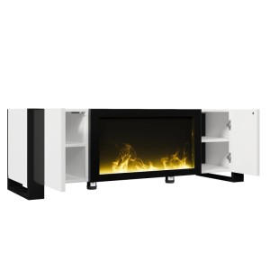Moderner TV Schrank weiß/schwarz hochglanz mit Elektrokamin Flammeneffekt und Stauraum.