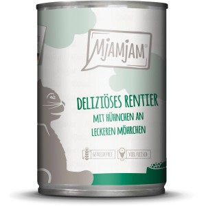 Mjamjam Katzen-Nassfutter mit Rentier, Hühnchen und Möhren, getreidefrei im 400g Napf.