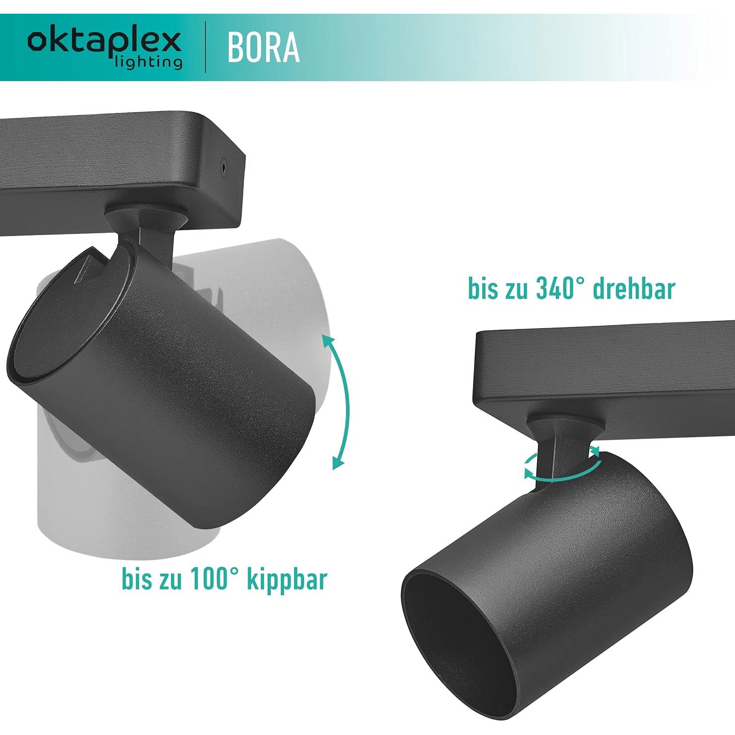 Oktaplex Bora Spotbalken, 2-flammig, schwarz, dreh- und schwenkbar. Deckenleuchte aus Aluminium.