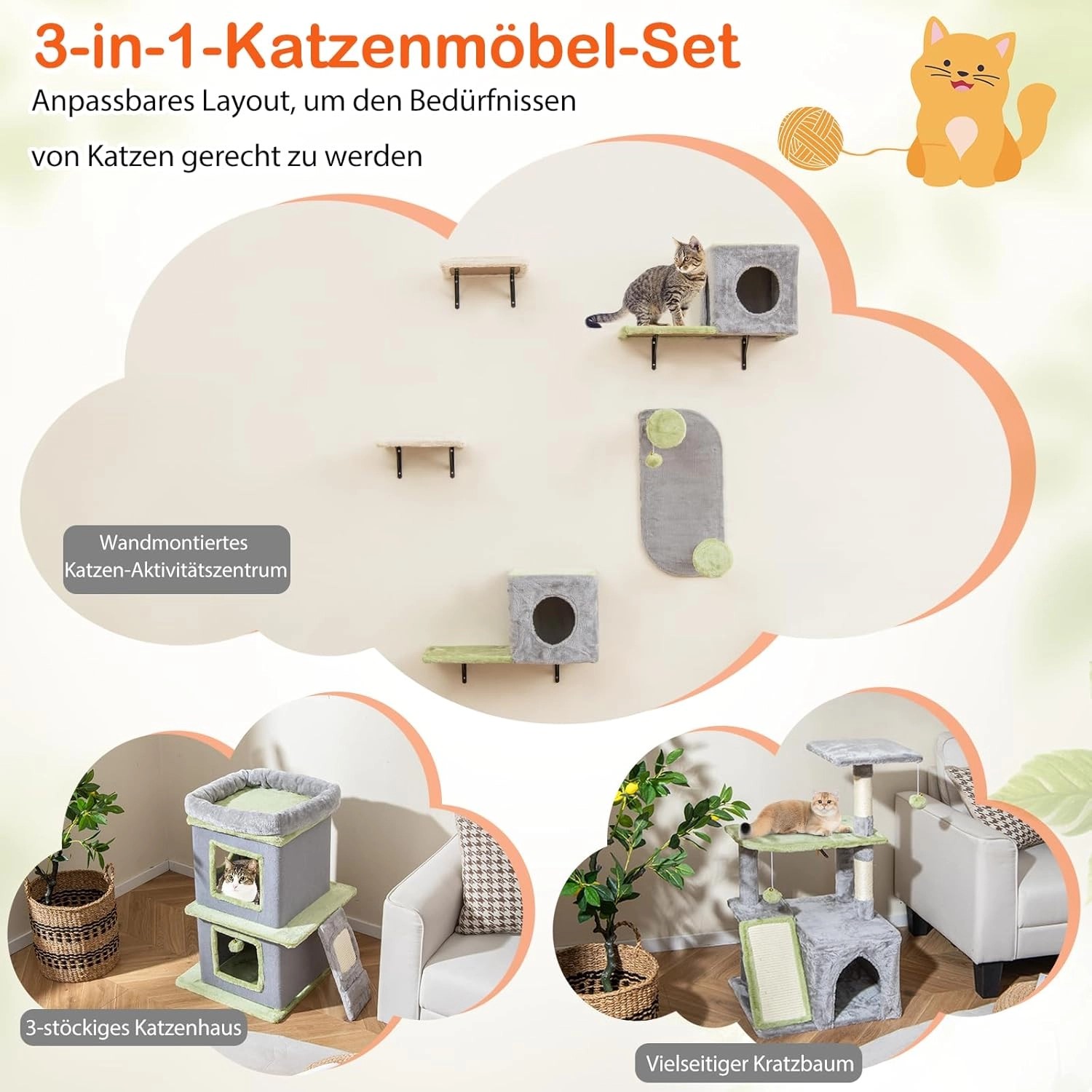 Costway Katzentreppe Katzenmöbel 7 PCS Kletterwand Katzen Grau_5