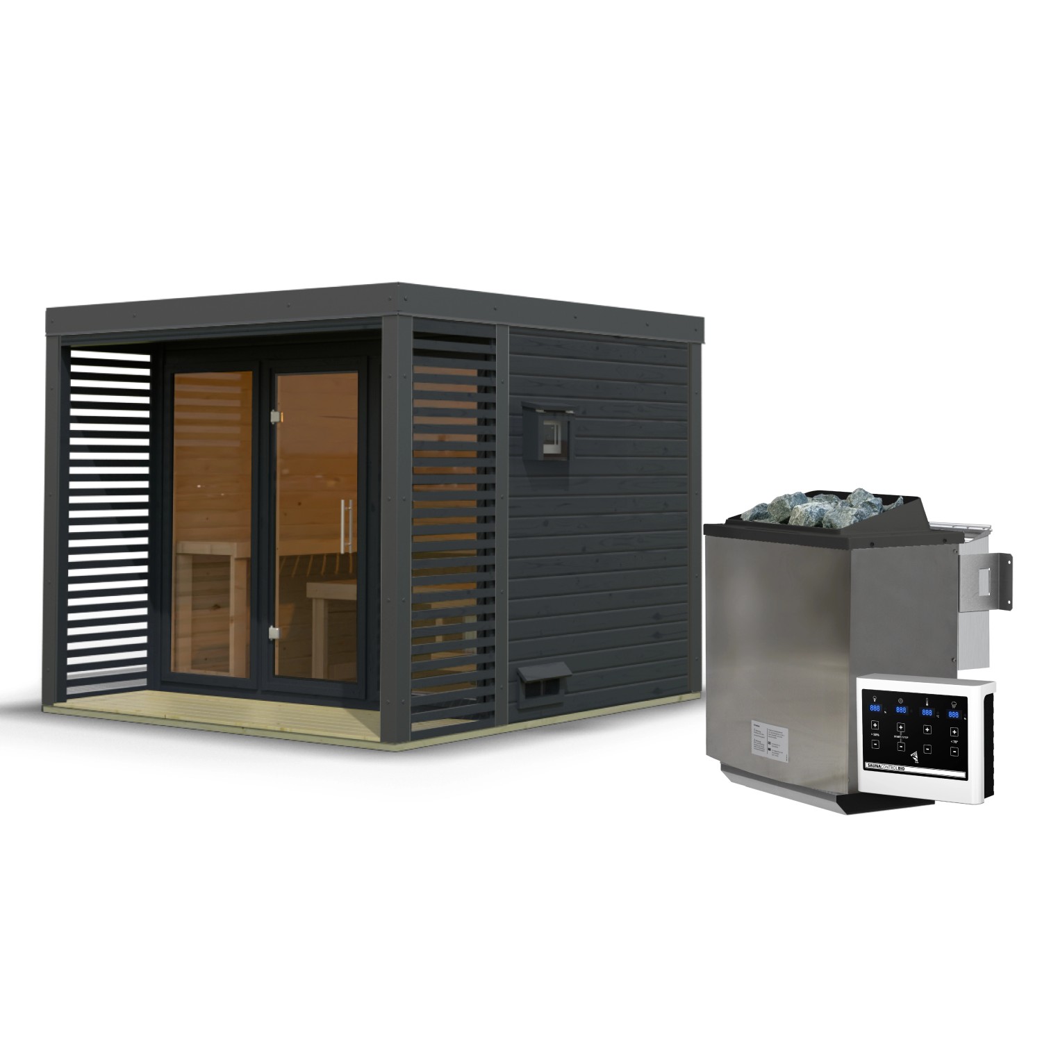 Karibu Saunahaus Seros 3 in Anthrazit mit Ofen und externer Steuerung.