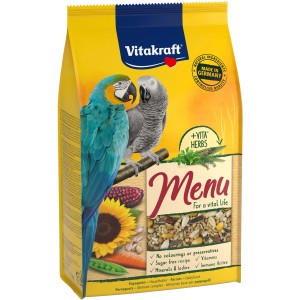 Vitakraft Menü Papageienfutter 1kg mit Saaten, Kräutern und Vitaminen für eine ausgewogene Ernährung.
