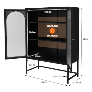 Schwarzer ML-Design Vitrinenschrank (85x120x40 cm) aus Stahl mit 3 Ebenen und rosegoldenen Griffen.