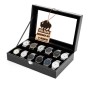 Offene, schwarze BigDean Uhrenbox für 12 Uhren mit Glasdeckel und diversen Uhren.