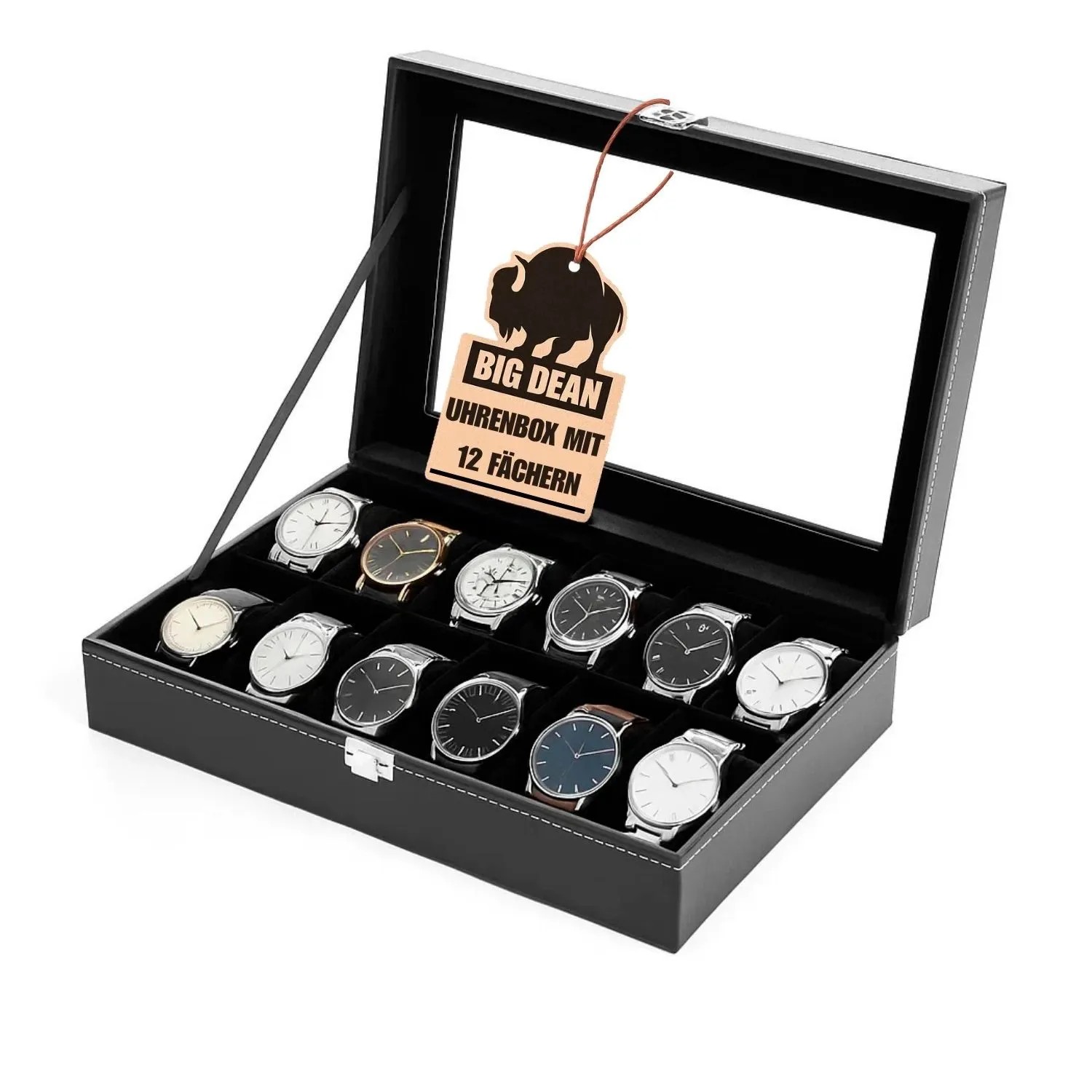 Offene, schwarze BigDean Uhrenbox für 12 Uhren mit Glasdeckel und diversen Uhren.
