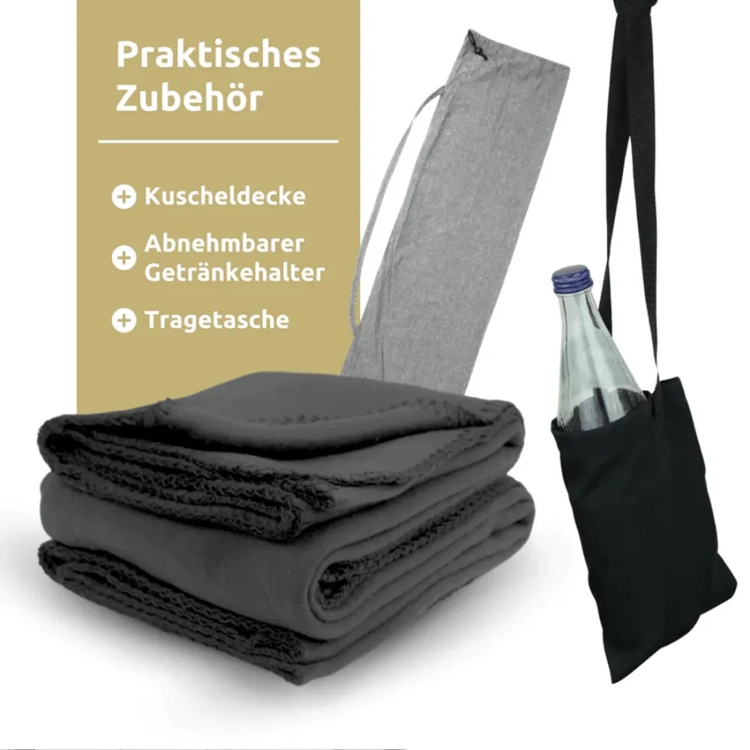 DELUKE Hängesessel Zubehör: graue Kuscheldecke, Tragetasche und Getränkehalter. Komfortables Set für Hängestuhl.