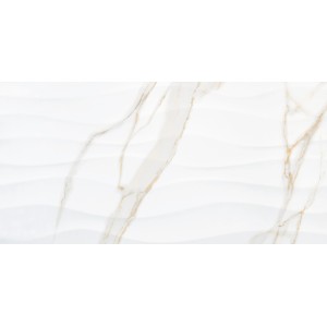 Wandfliese Calacatta Wave, Feinsteinzeug, weiß-gold glasiert, 30x60 cm.