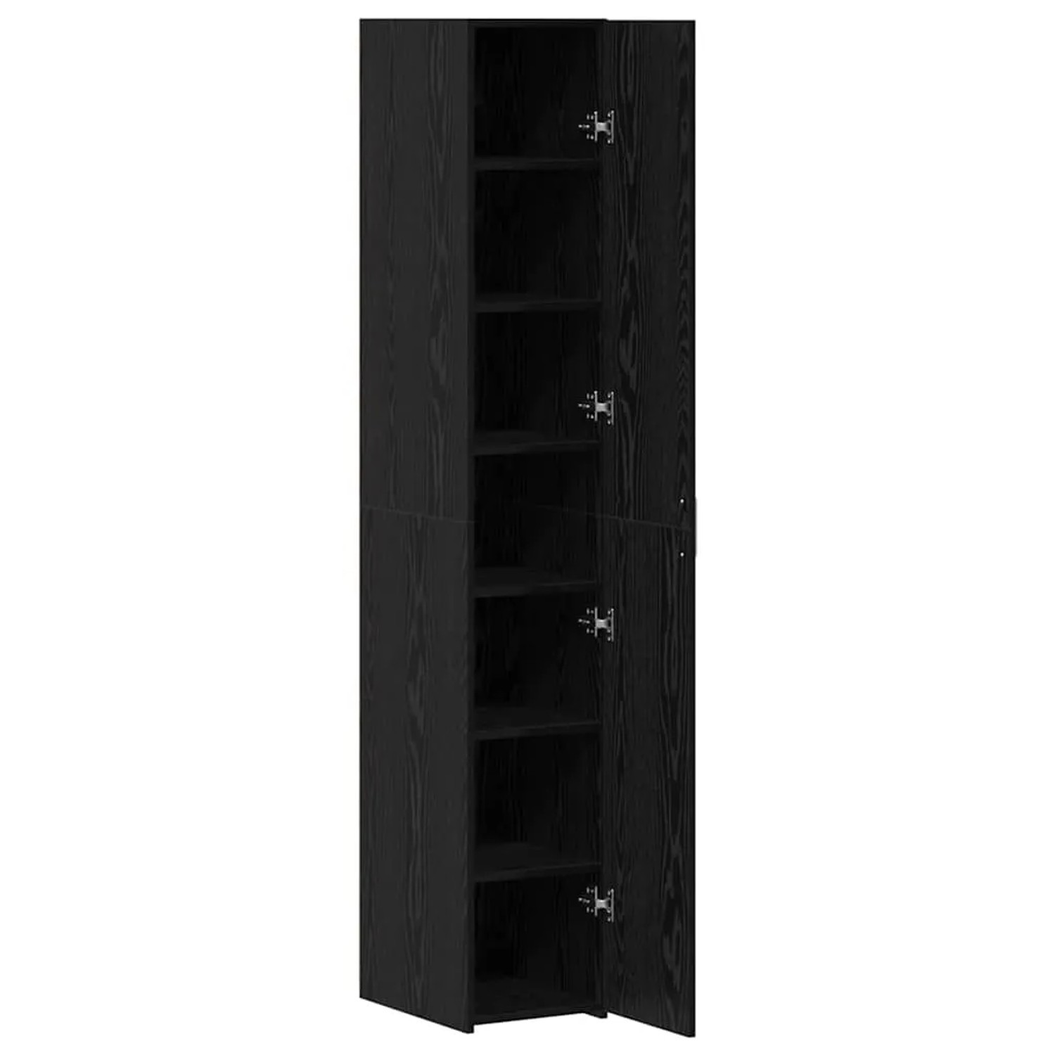 Hohes, schwarzes Highboard in Eichen-Optik mit offenen Türen und Regalfächern.