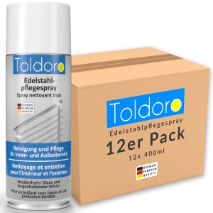 Toldoro Edelstahl Pflegespray, 12er Pack. Reiniger für Küche & Grill, schützt vor Neuverschmutzung.