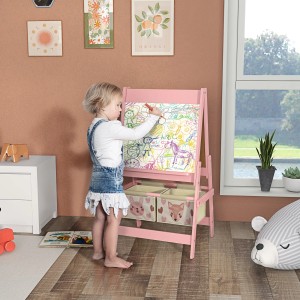 AIYAPLAY Kindertafel 3 in 1: Mädchen malt auf der rosa Staffelei mit Whiteboard, Kreidetafel und Papierrolle.