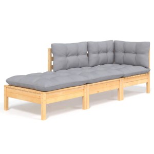 3-teiliges Garten-Lounge-Set aus Kiefernholz mit grauen Kissen.