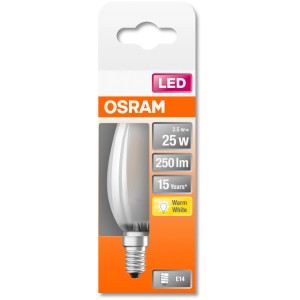 Osram LED-Leuchtmittel E14 Kerzenform, 2,5W, warmweiß. Detailaufnahme der Verpackung.