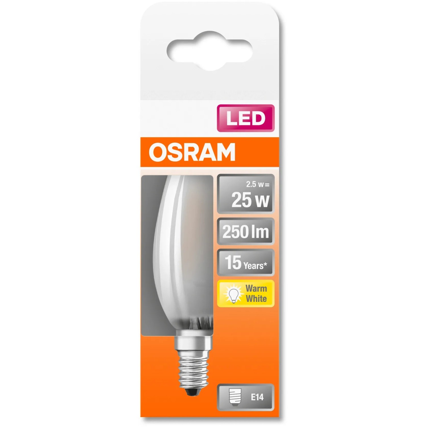 Osram LED-Leuchtmittel E14 Kerzenform, 2,5W, warmweiß. Detailaufnahme der Verpackung.