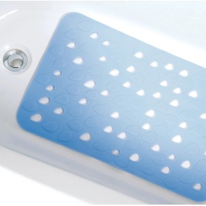 Blaue Spirella Wanneneinlage Drops 35x53 cm mit Saugnäpfen in Badewanne.