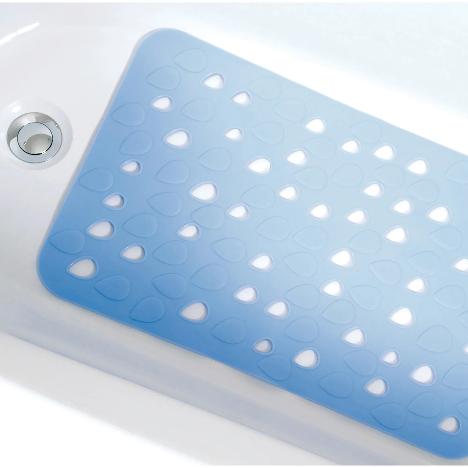 Blaue Spirella Wanneneinlage Drops 35x53 cm mit Saugnäpfen in Badewanne.