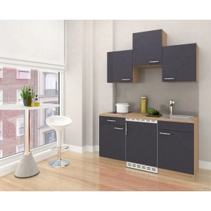 Respekta Economy Küchenzeile 150 cm in Grau-Eiche Sägerau Optik mit Spüle und Glaskeramikkochfeld.