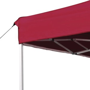 Detailansicht: Weißrotes Falt-Partyzelts 4,5x3 m mit Aluminiumrahmen. Ideal für Gartenpartys.