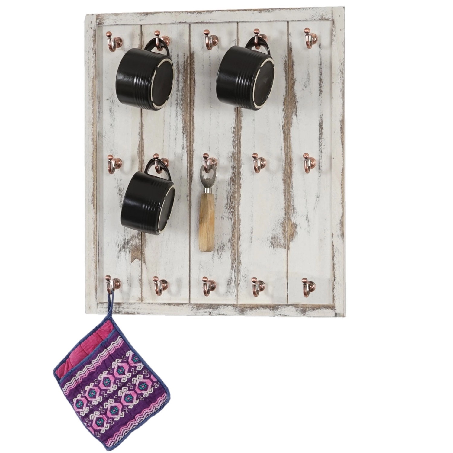 MCW Tassenhalter Monaco Weiß im Shabby-Look mit Tassen, Flaschenöffner und Topflappen.