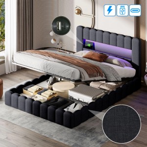 PXloue Polsterbett mit Stauraum&USB Linen Ohne Matratze Grau 160x200cm