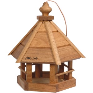 Dobar Vogelhaus Komfort aus Eichenholz mit sechseckiger Futterstelle und Aufhängung.