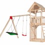 Weka Spielhaus Drachenturm Tabaluga mit Anbauschaukel und Sandkasten, aus Holz.