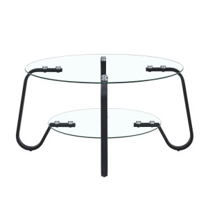 Runder schwarzer Couchtisch mit zweistufiger Glasplatte und geschwungenem Metallrahmen für das Wohnzimmer.