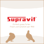 Supravit Logo für Vogelgrit: roter Schriftzug, Claim 'Einfach gutes Futter', zwei braune Vogelsilhouetten.