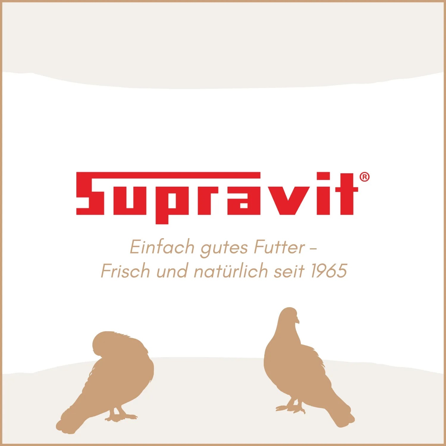 Supravit Logo für Vogelgrit: roter Schriftzug, Claim 'Einfach gutes Futter', zwei braune Vogelsilhouetten.