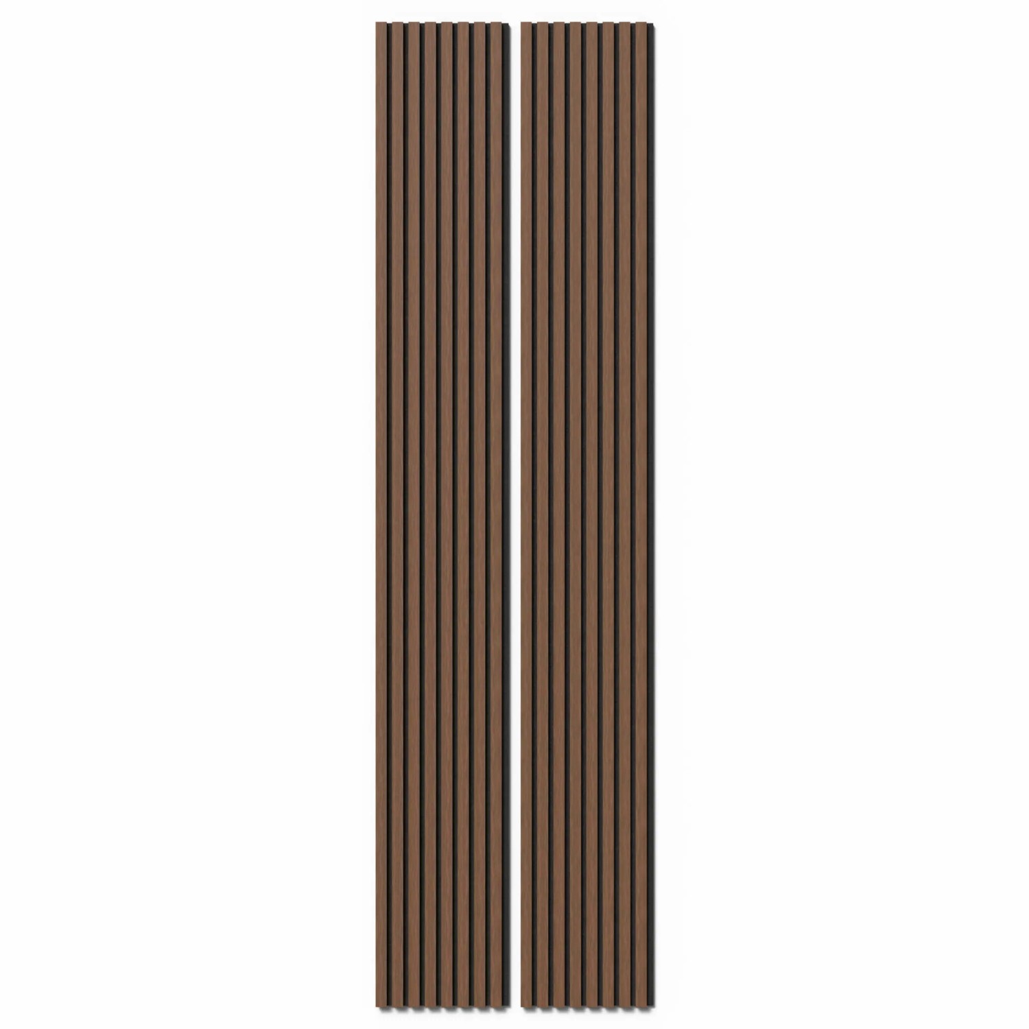 Zwei Akustikpaneele in Walnuss-Optik mit schwarzem Filz. Holzpaneele zur Wand- und Deckengestaltung.