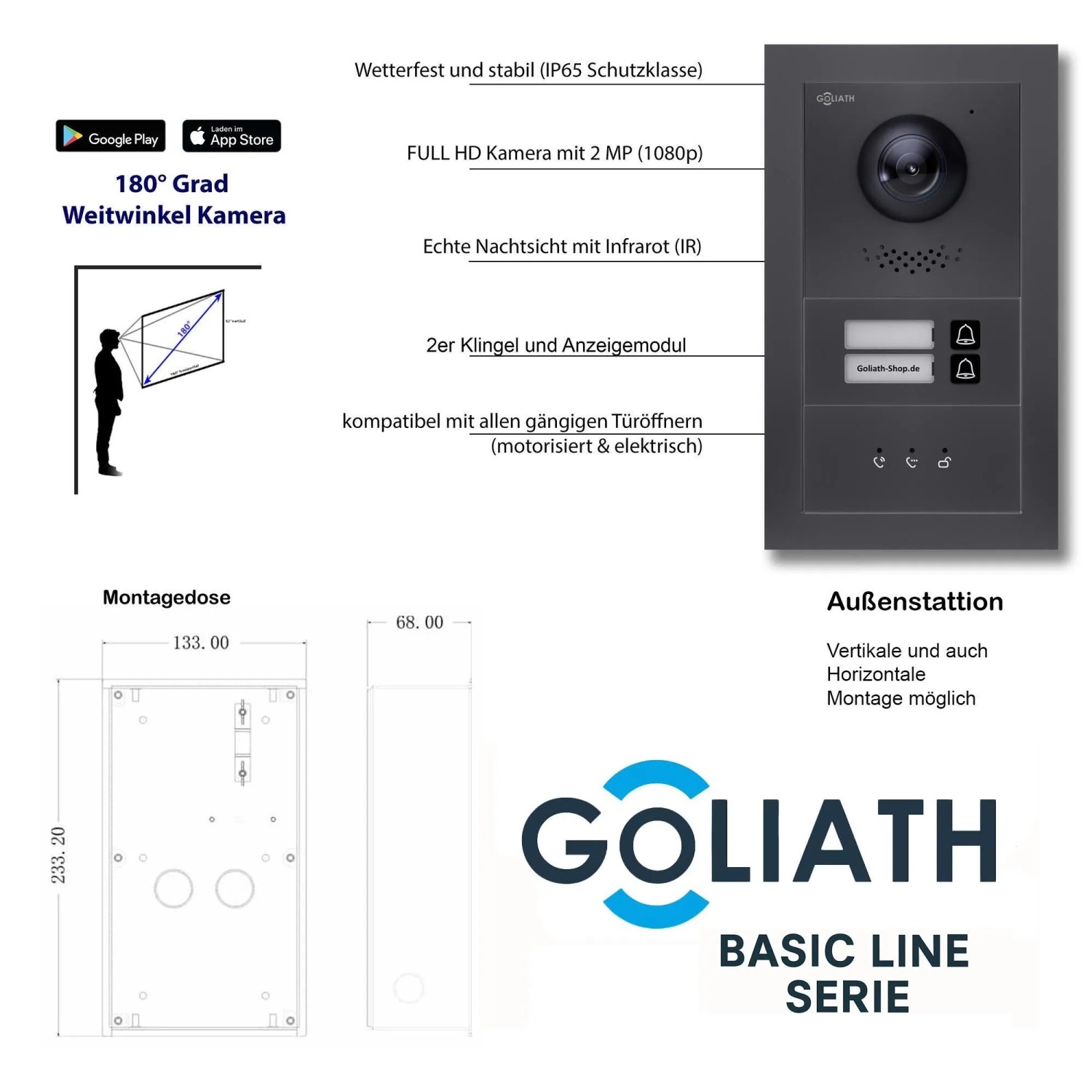 Goliath Basic Line Video Türsprechanlage mit Außenstation in Anthrazit und Unterputzdose.