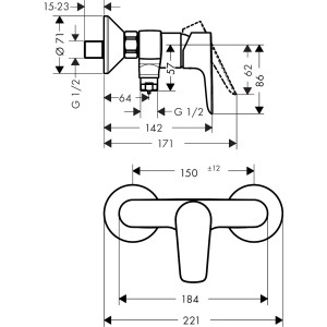 Technische Zeichnung: Hansgrohe Talis E Brausearmatur Aufputz, Maße und Anschlüsse für Installation.