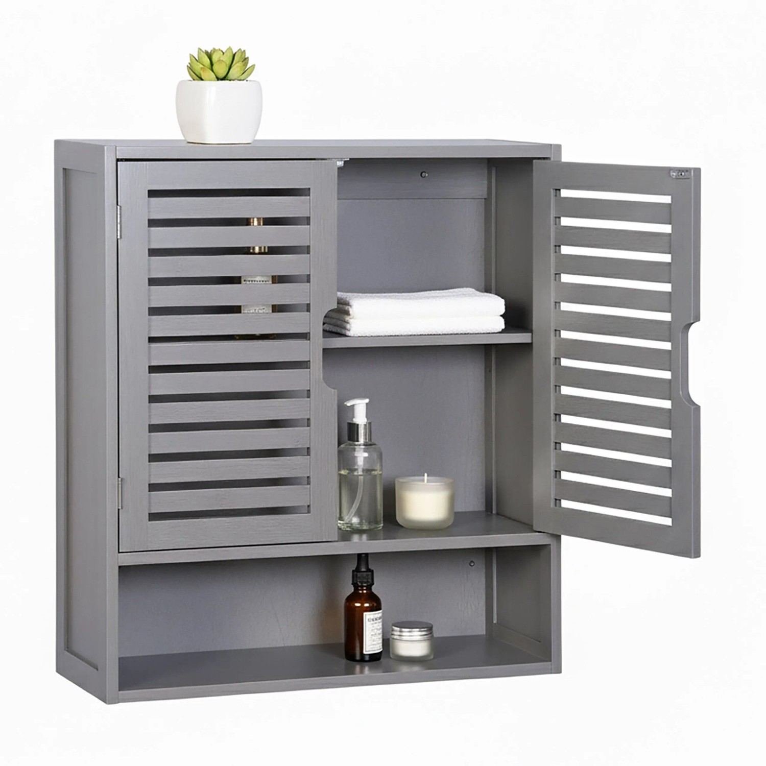 Relaxdays Hängeschrank MDF Bambus Grau Höhenverstellbar 66 cm x 59 cm x 21 cm