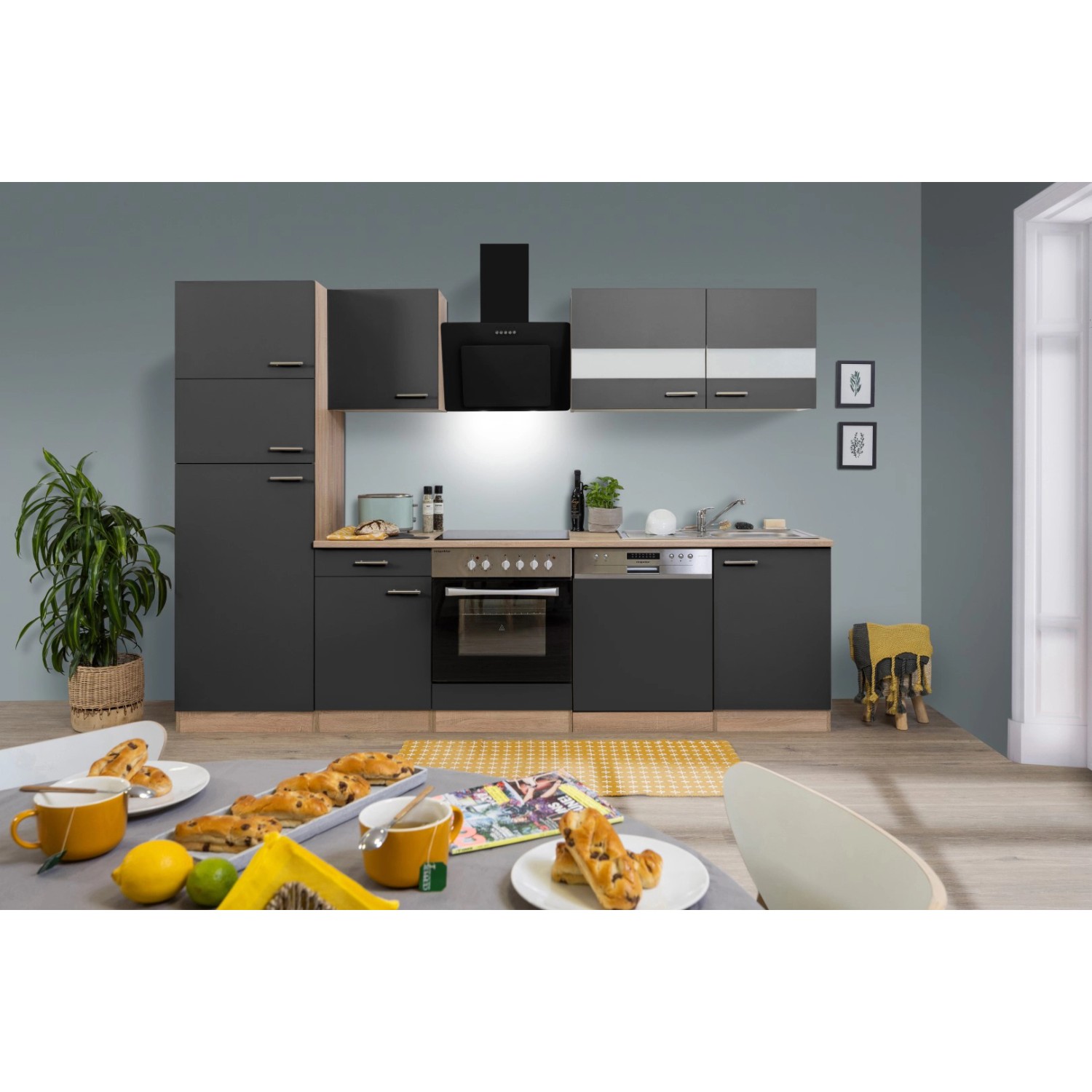 Respekta Küchenzeile/Küchenblock KB280ESGCGKE 280 cm Grau-Eiche Sägerau Nachbildung