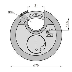 Technische Zeichnung: Basi Rundbügelschloss, Edelstahl, Durchmesser 70mm, für Sicherheitsüberfalle.