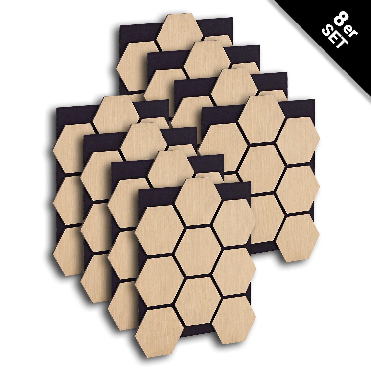 8er Set Homestyle4u Akustikpaneele in Holzoptik, hexagonale Wandpaneele für Schallschutz.